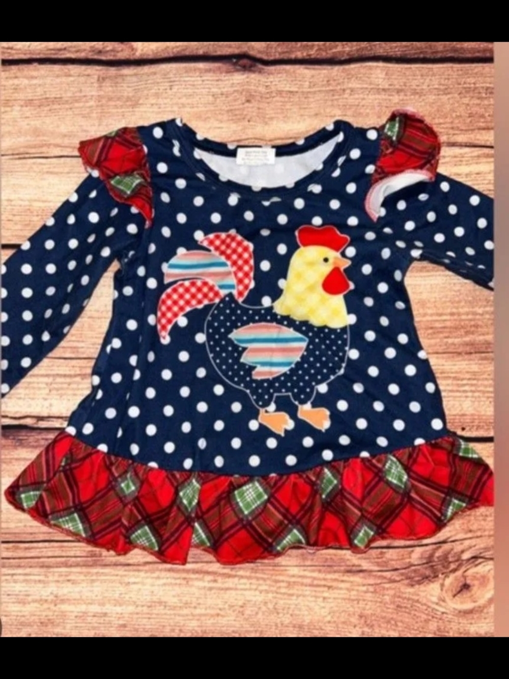 Girls Navy Polka Dot Chicken Appliqué Tunic with Red Plaid Ruffle